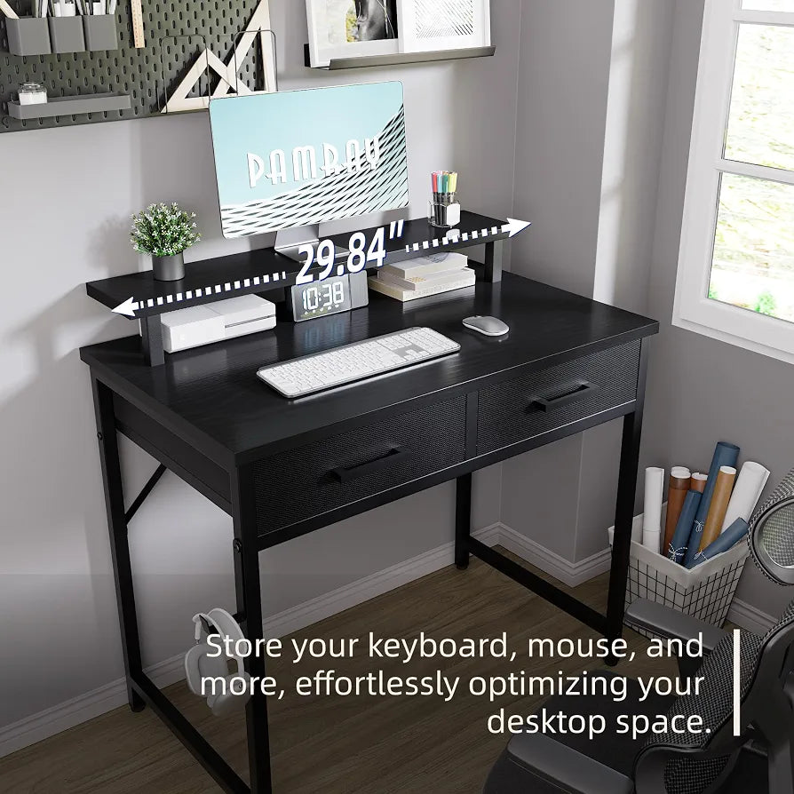 Pamray 32 Inch Small Computer Desk with Monitor Stand and 2 Drawers