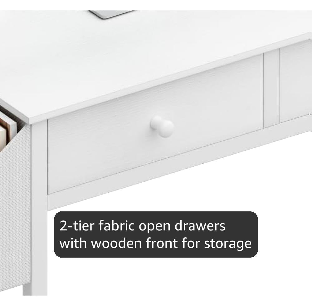 Lufeiya Small White Kids Desk with Drawers for Bedroom, 32 Inch Home Office Desks with Fabric Storage Drawer and Bag, Study Writing Vanity Table for Small Spaces, White
