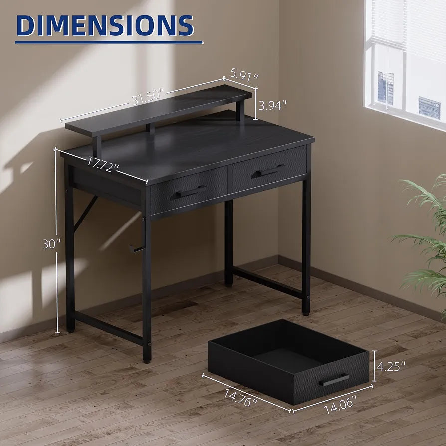 Pamray 32 Inch Small Computer Desk with Monitor Stand and 2 Drawers