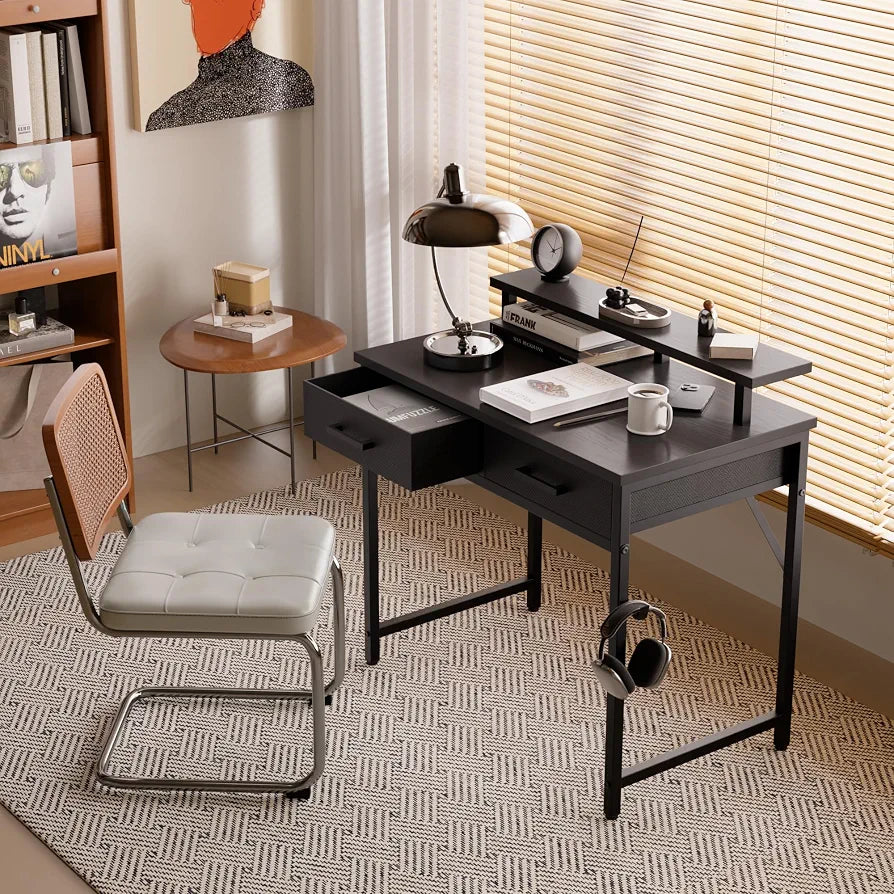 Pamray 32 Inch Small Computer Desk with Monitor Stand and 2 Drawers