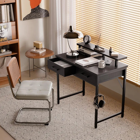 Pamray 32 Inch Small Computer Desk with Monitor Stand and 2 Drawers