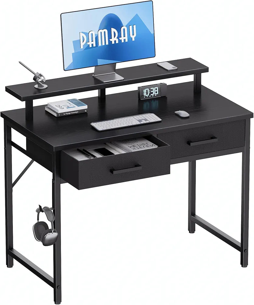 Pamray 32 Inch Small Computer Desk with Monitor Stand and 2 Drawers