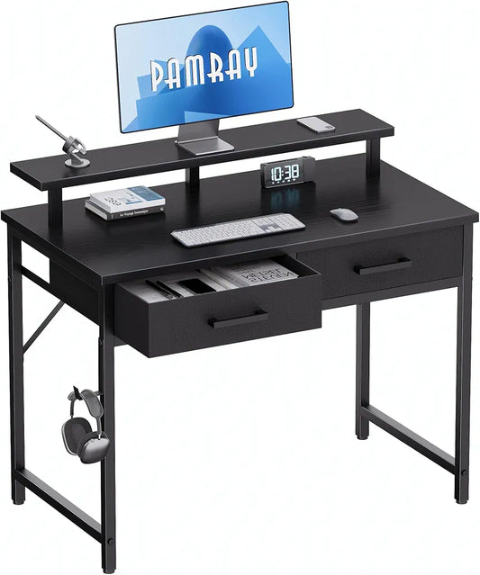 Pamray 32 Inch Small Computer Desk with Monitor Stand and 2 Drawers