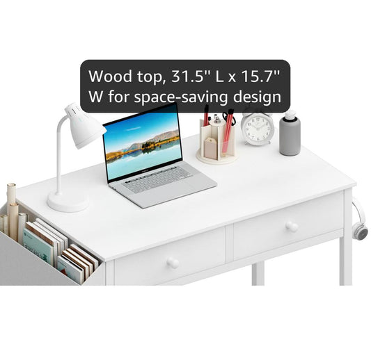 Lufeiya Small White Kids Desk with Drawers for Bedroom, 32 Inch Home Office Desks with Fabric Storage Drawer and Bag, Study Writing Vanity Table for Small Spaces, White