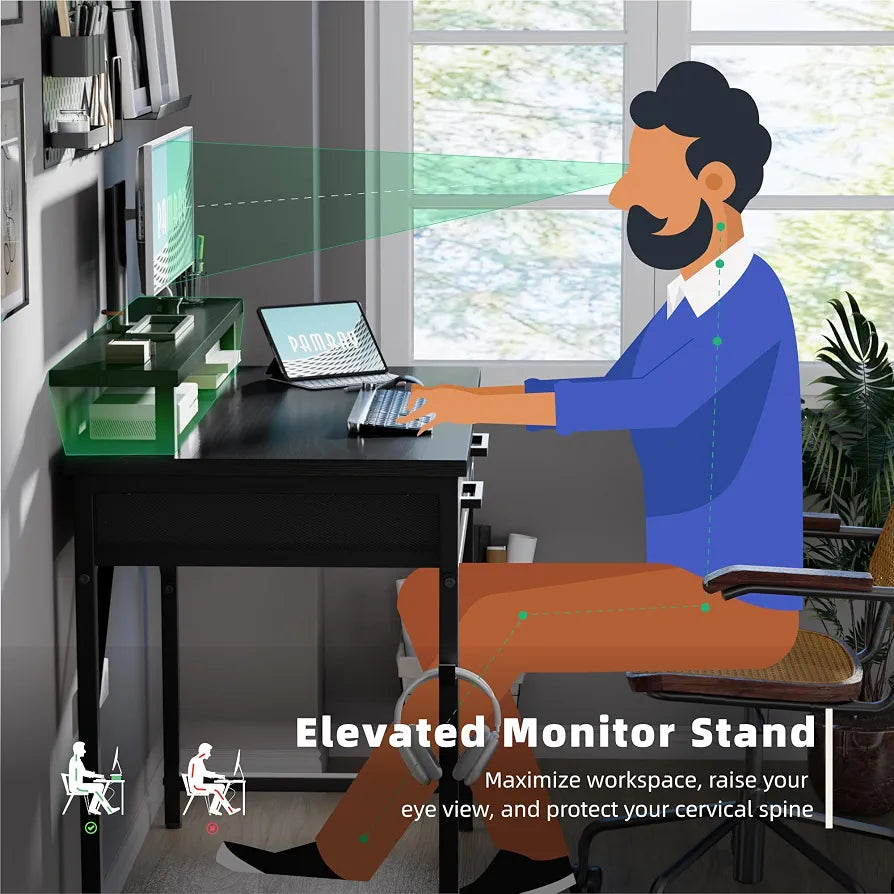 Pamray 32 Inch Small Computer Desk with Monitor Stand and 2 Drawers